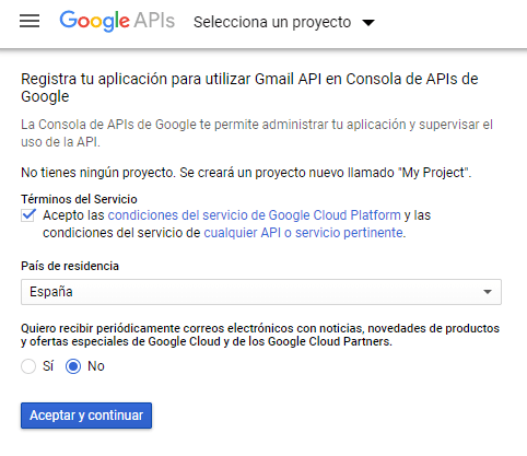 Registrar una nueva aplicación en la consola de administración de Google para desarrolladores