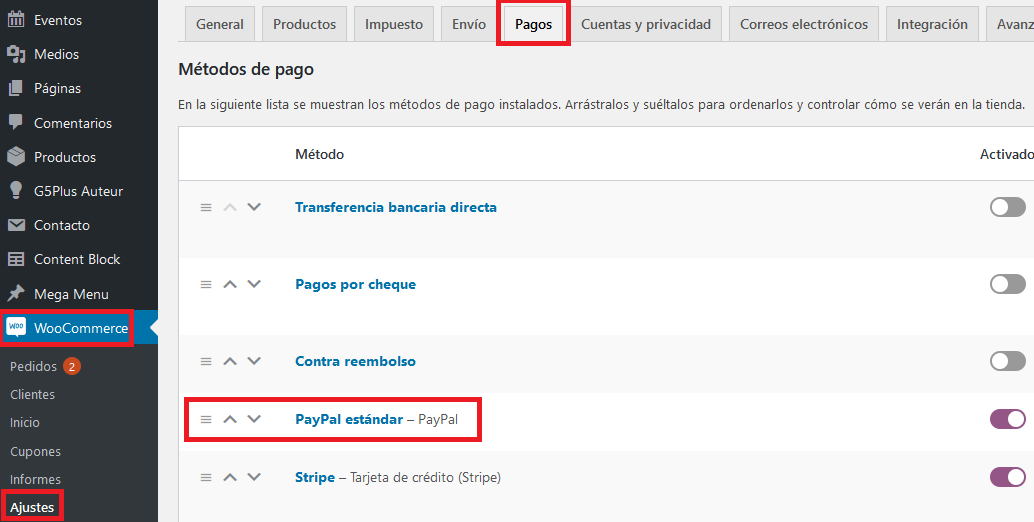 Configurar Paypal Estándar en WooCommerce