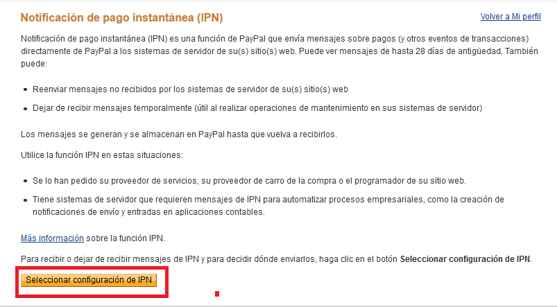 Activar configuración de IPN en Paypal