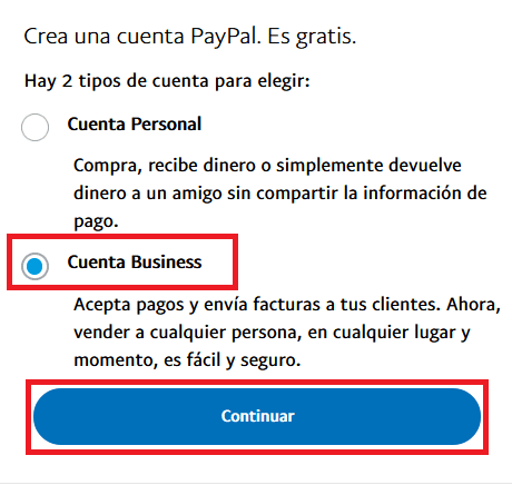Crear cuenta business en Paypal
