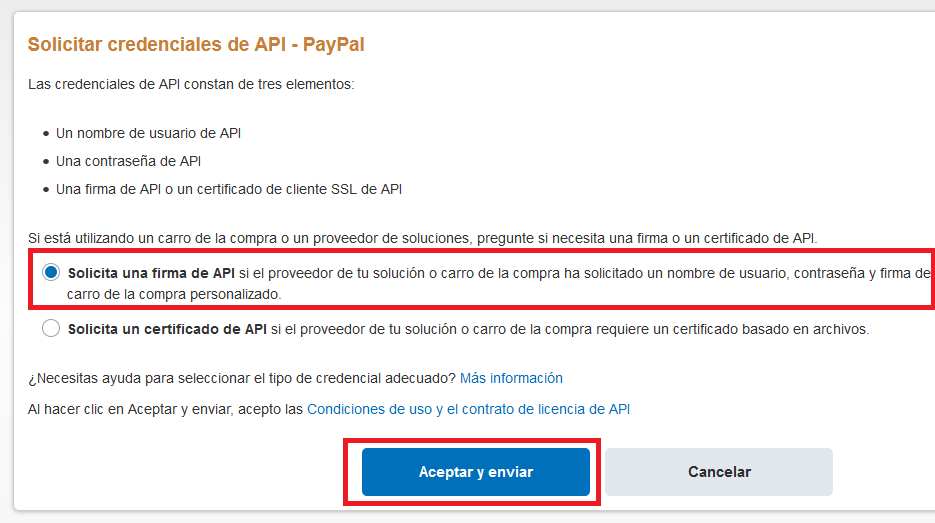 Solicitar firma de API en Paypal
